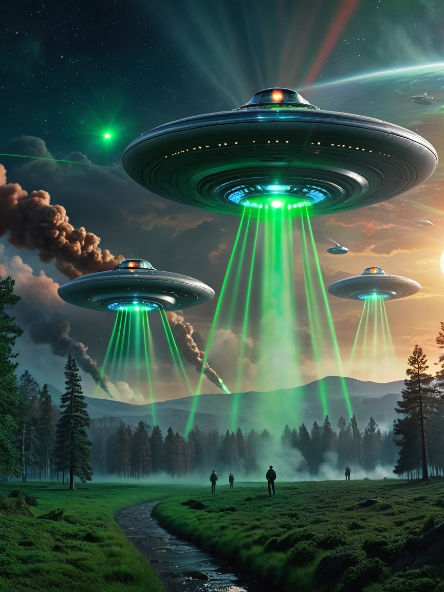 Futuristic UFOs Emitting Light Over Cosmic Landscape