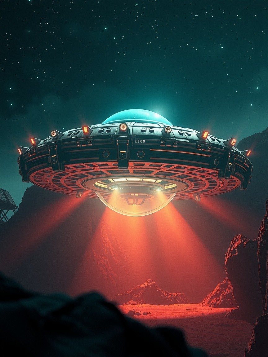 Futuristic spaceship above rocky alien landscape at night
