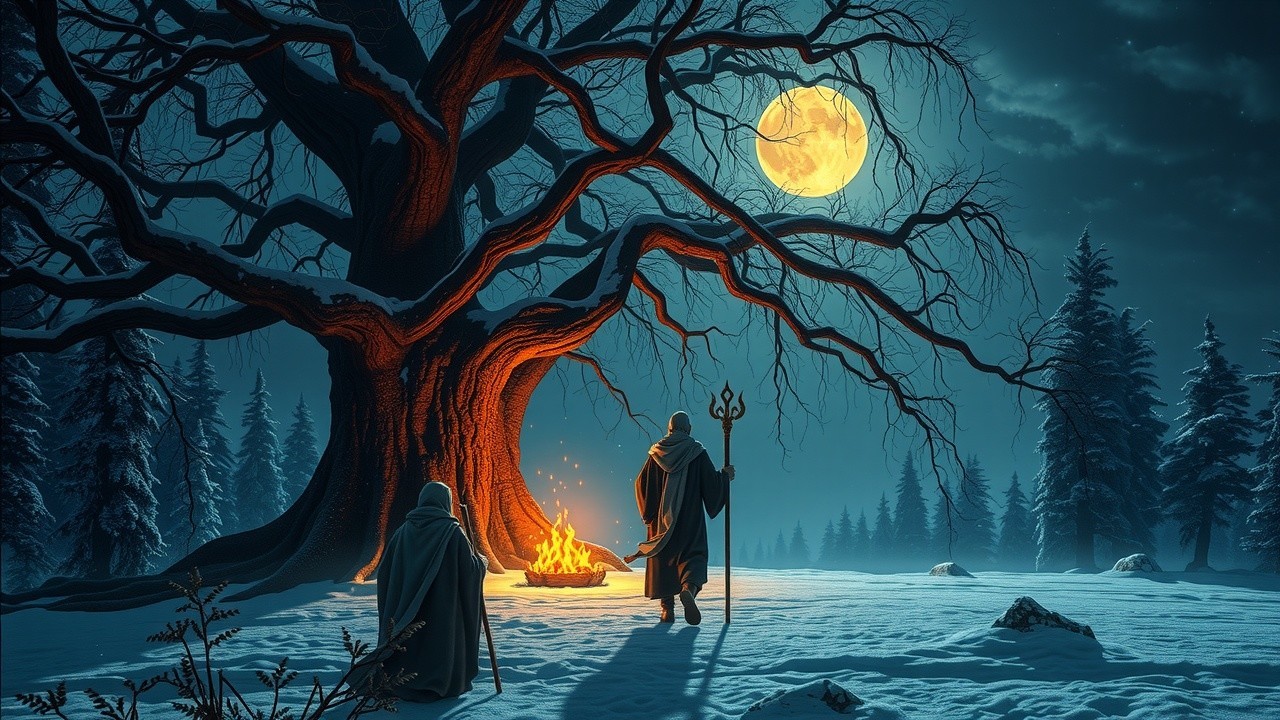 Robed Figures in Snowy Forest by Campfire at Night