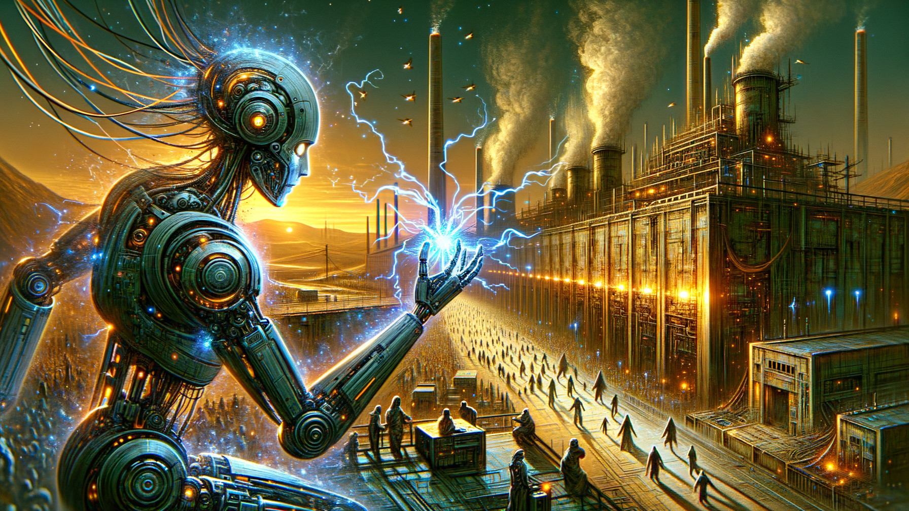 Dystopian Robot with Electric Orb in Industrial Setting
