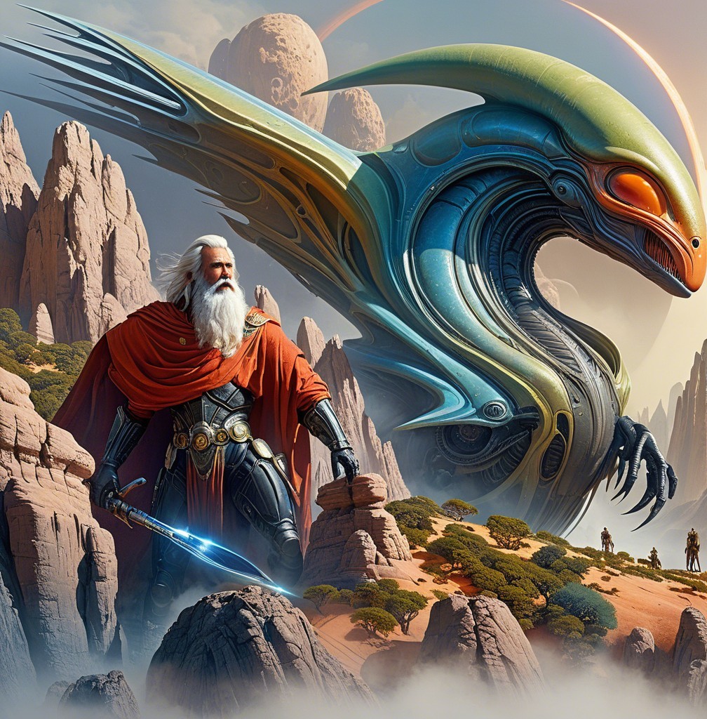 Majestic figure with dragon in a fantastical landscape