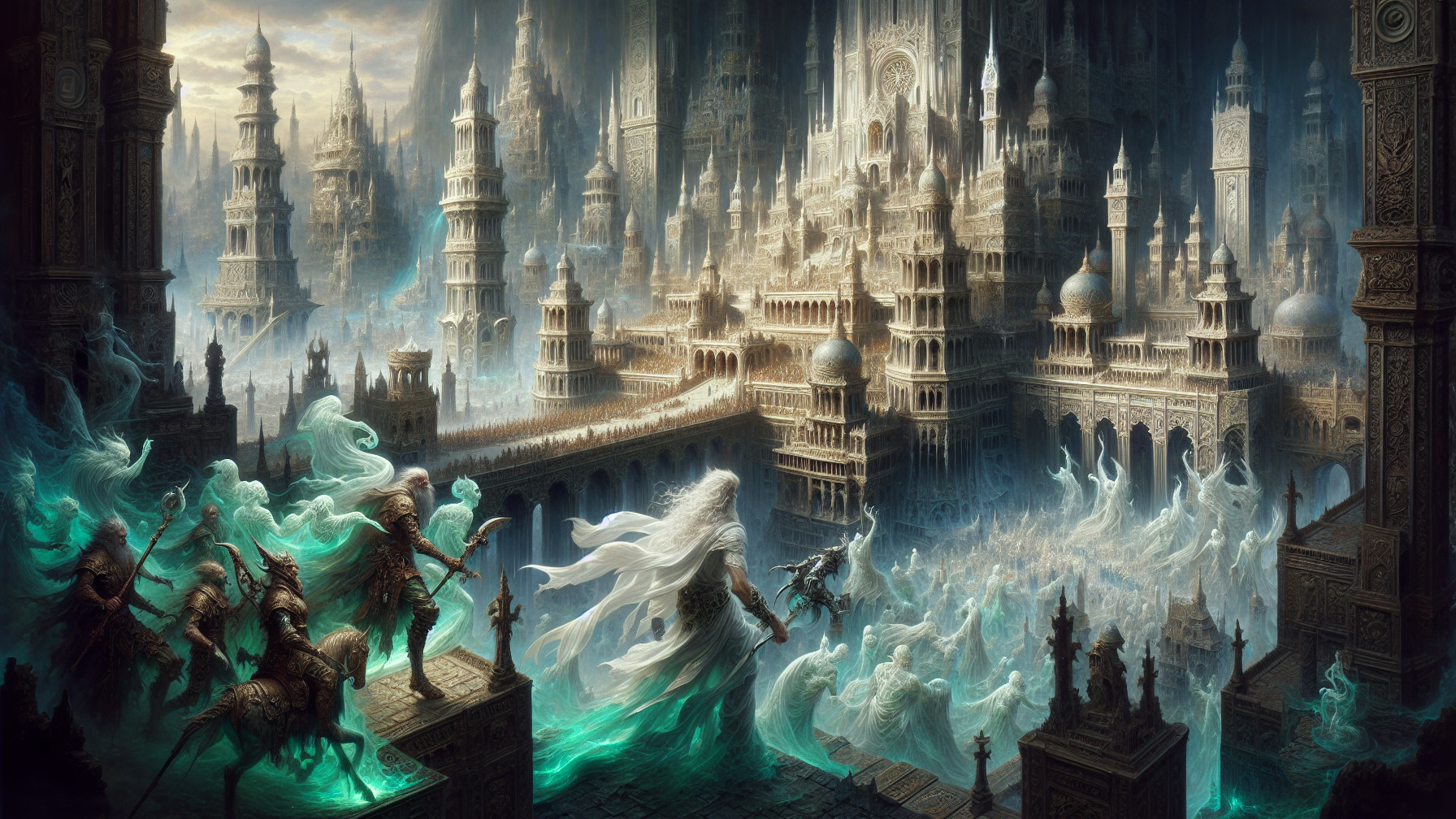 Ethereal City with Towering Spires and Ghostly Figures