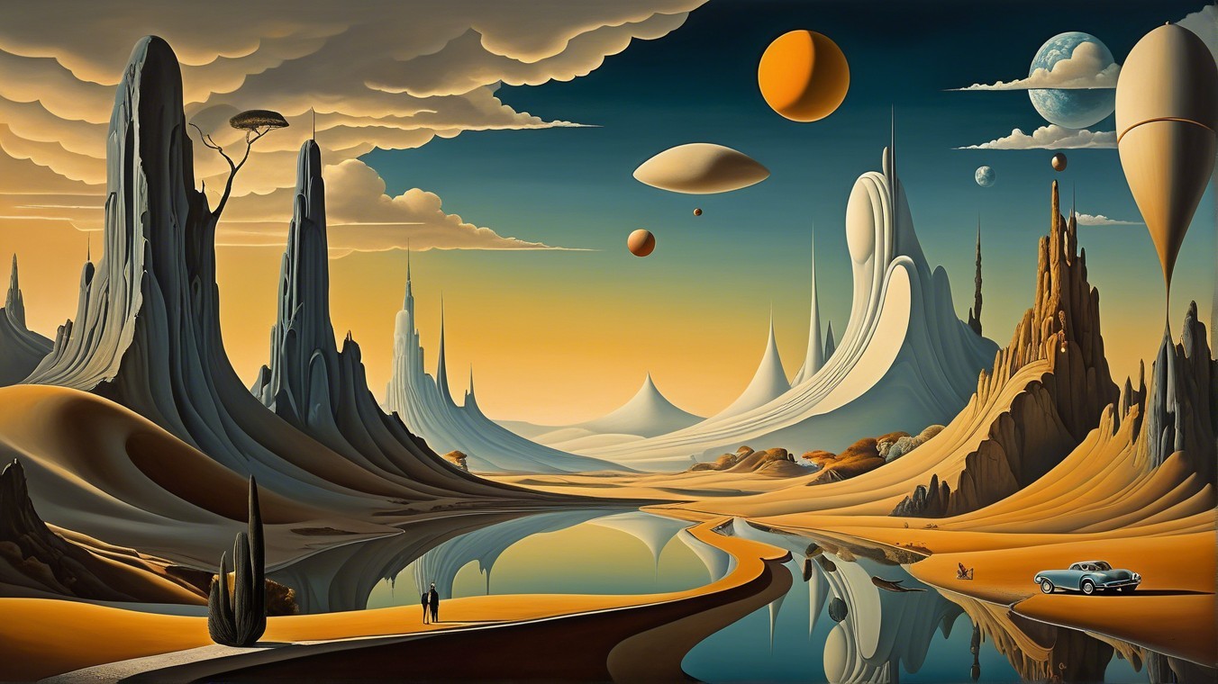 Surreal Landscape with Abstract Rocks and Tranquil Lake
