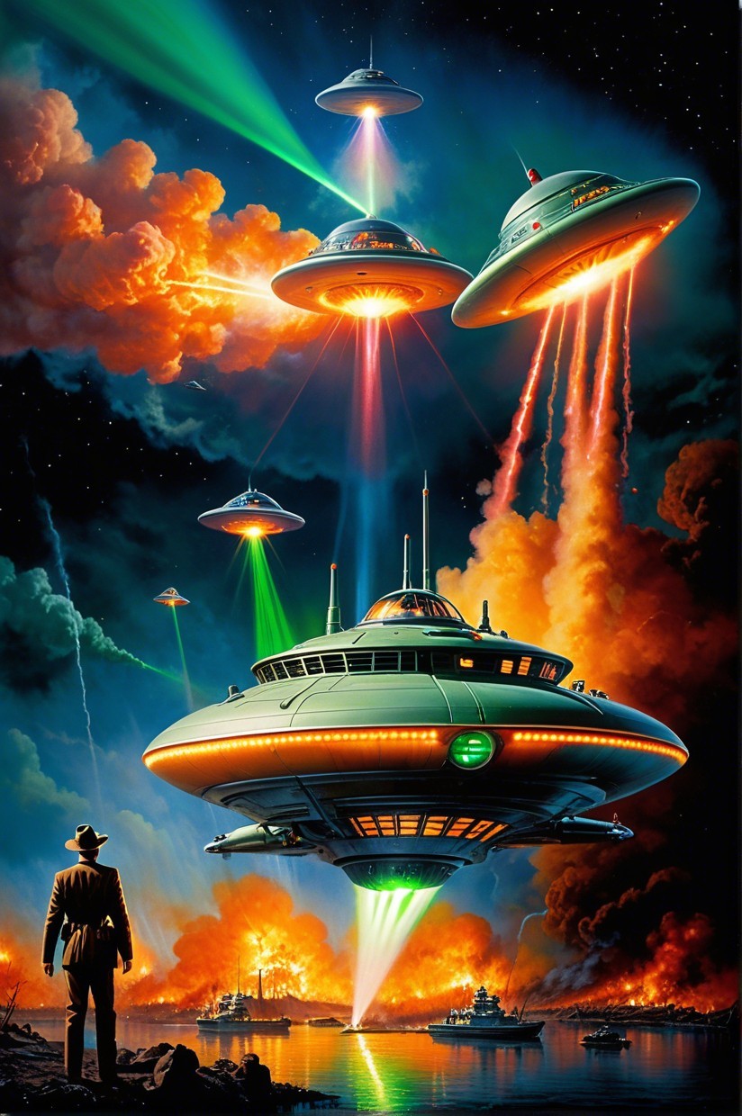Futuristic Alien Invasion with Explosions and Lights