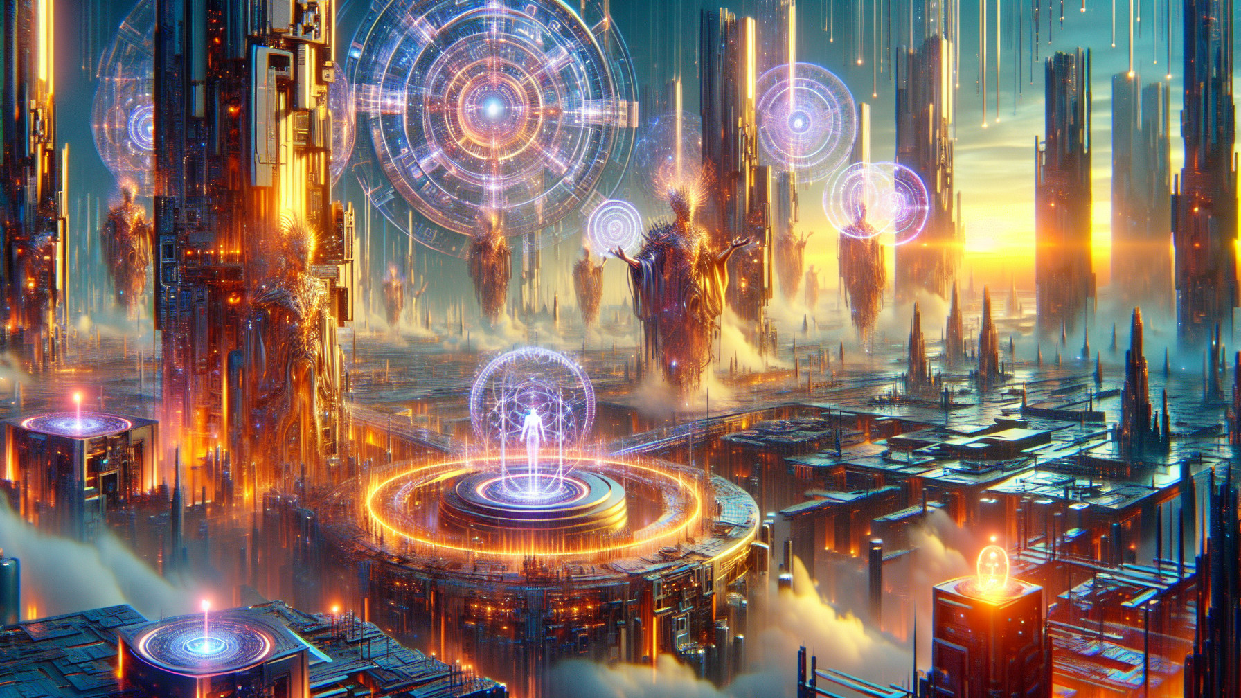 Futuristic cityscape with vibrant orange and blue hues
