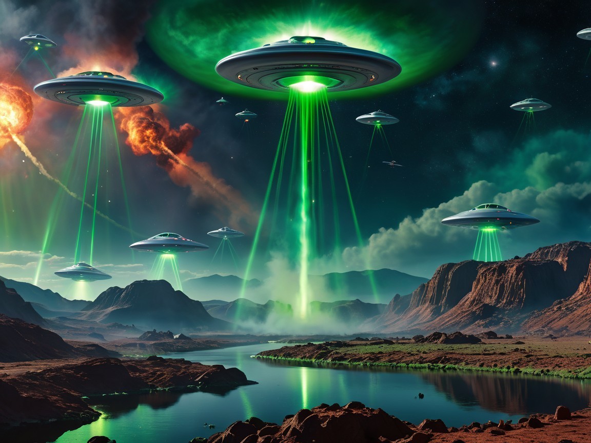 Alien Invasion Scene in Extraterrestrial Landscape