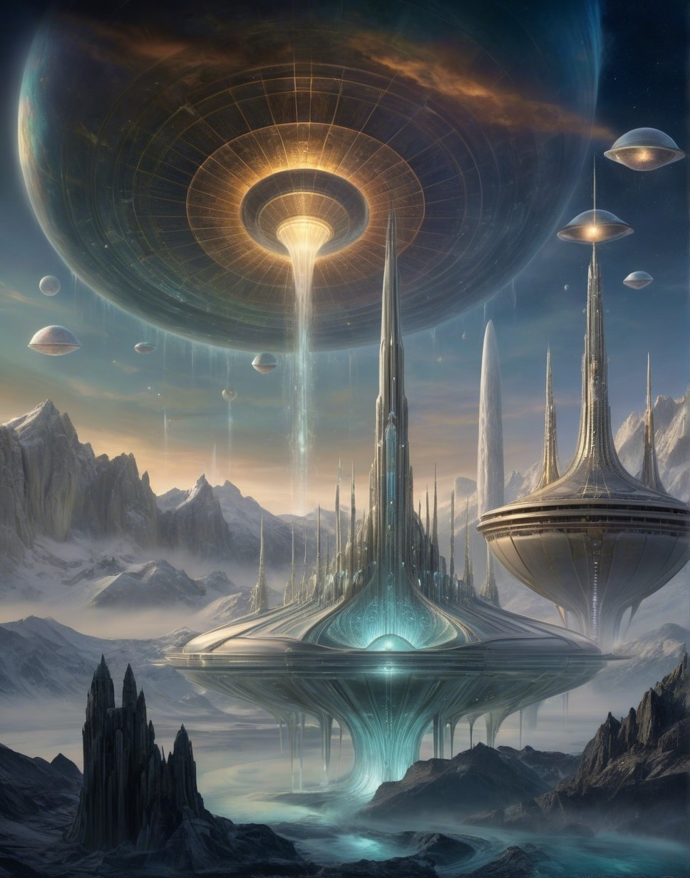 Futuristic landscape with crystalline structures and light