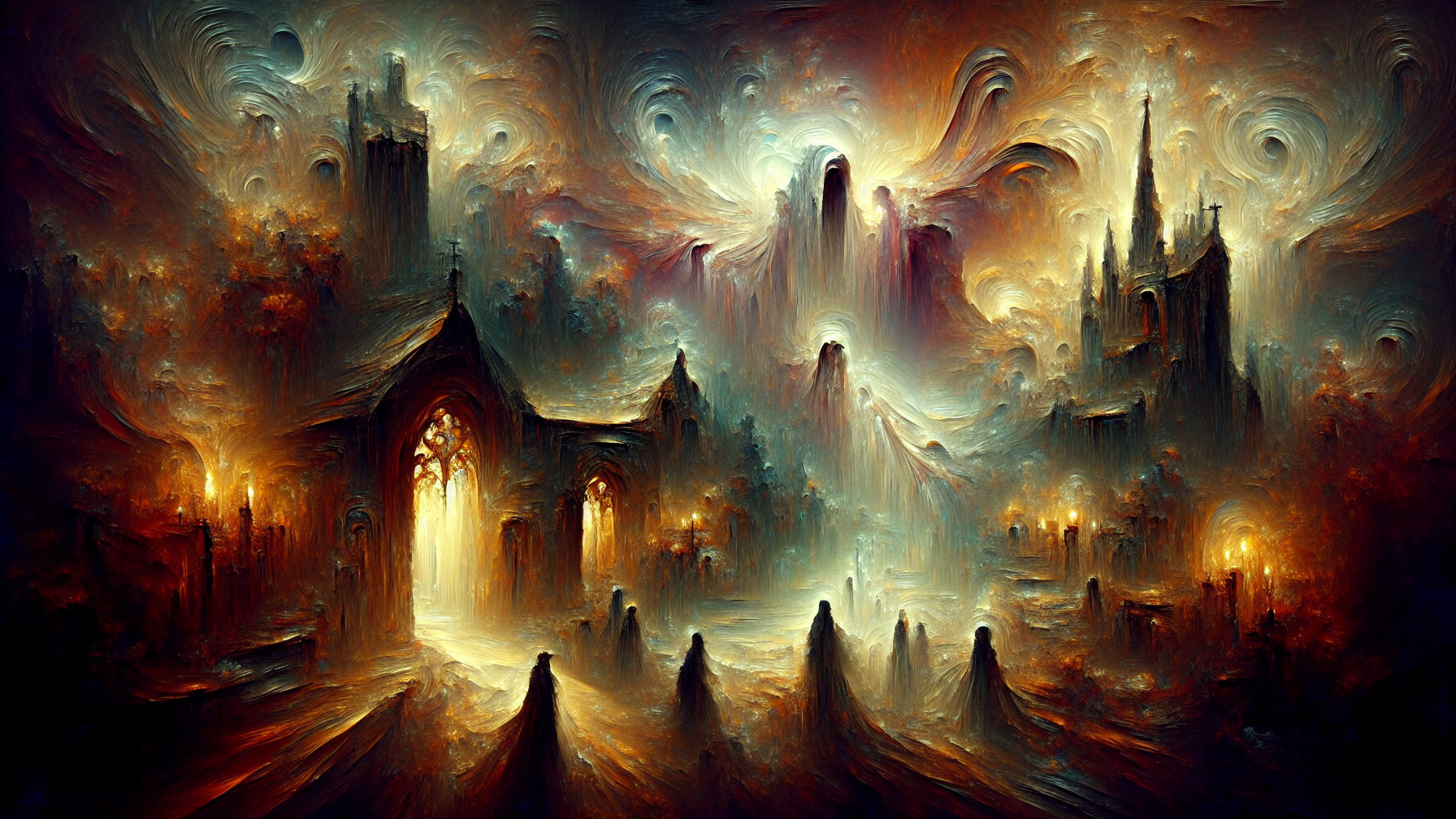 Surreal Landscape with Ethereal Figures and Gothic Architecture