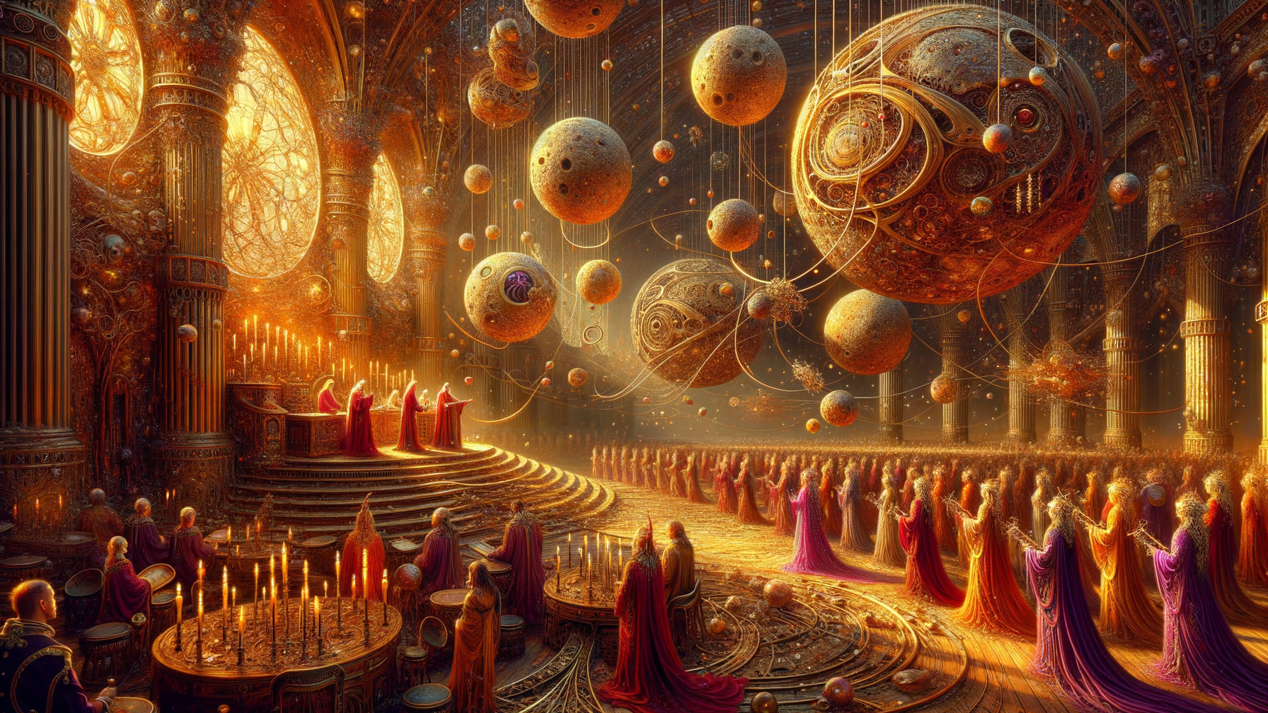 Ornate Hall with Celestial Light and Hovering Orbs