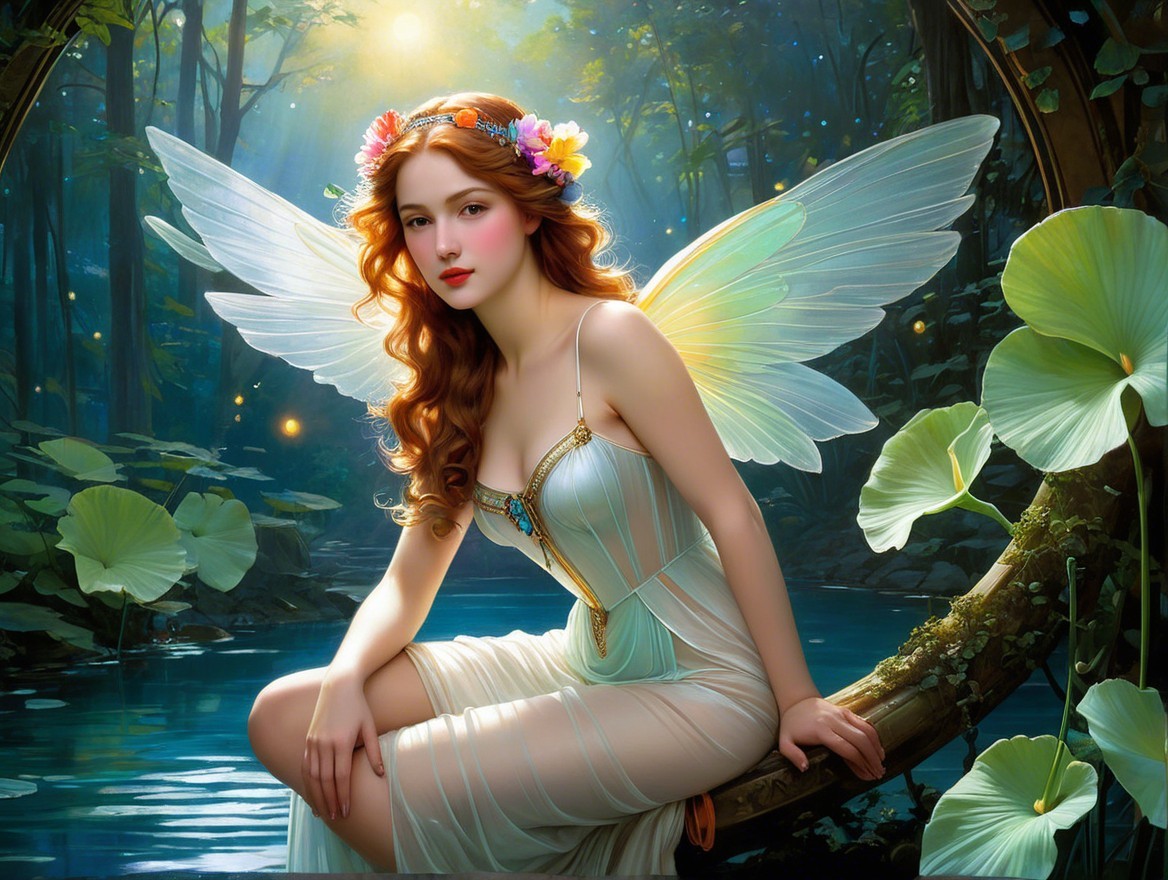 Fairy on a Vine by a Serene Reflective Pond