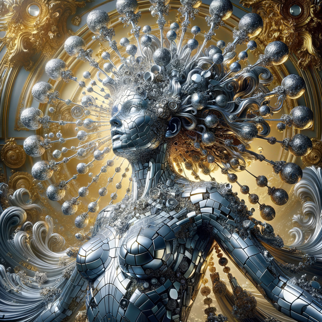 Intricate Cyber-Baroque Goddess in Metallic Design