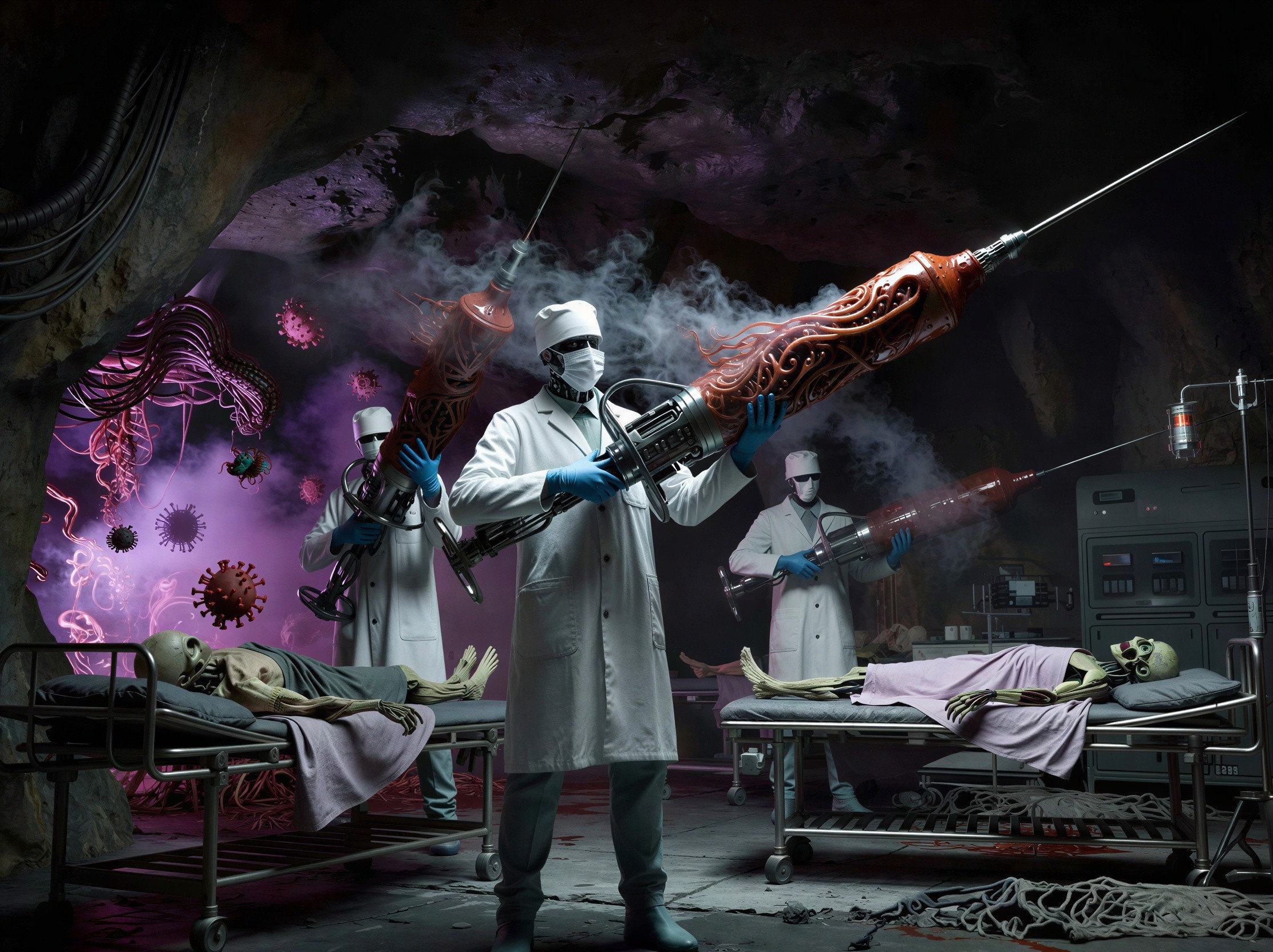 Dark Underground Laboratory with Figures and Syringes