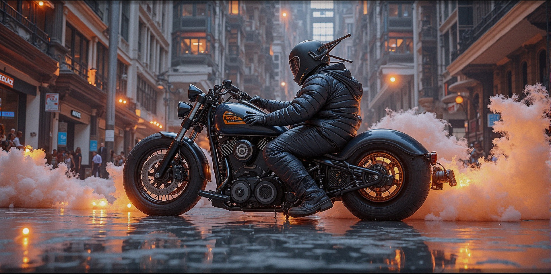 Rider on Black Motorcycle in Foggy Urban Street