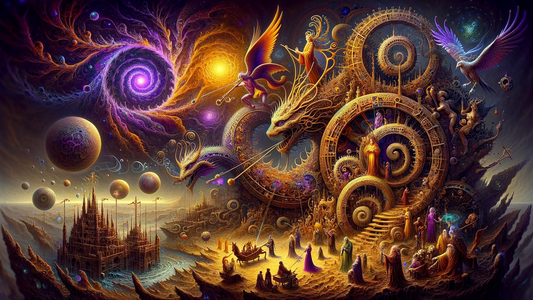 Cosmic Landscape with Gears and Mythical Creatures