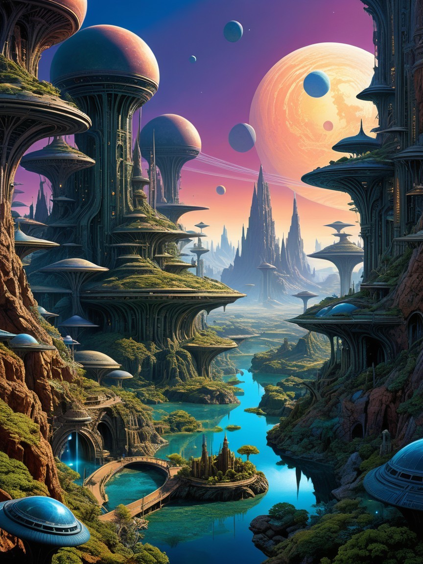 Futuristic landscape with mushroom structures and river