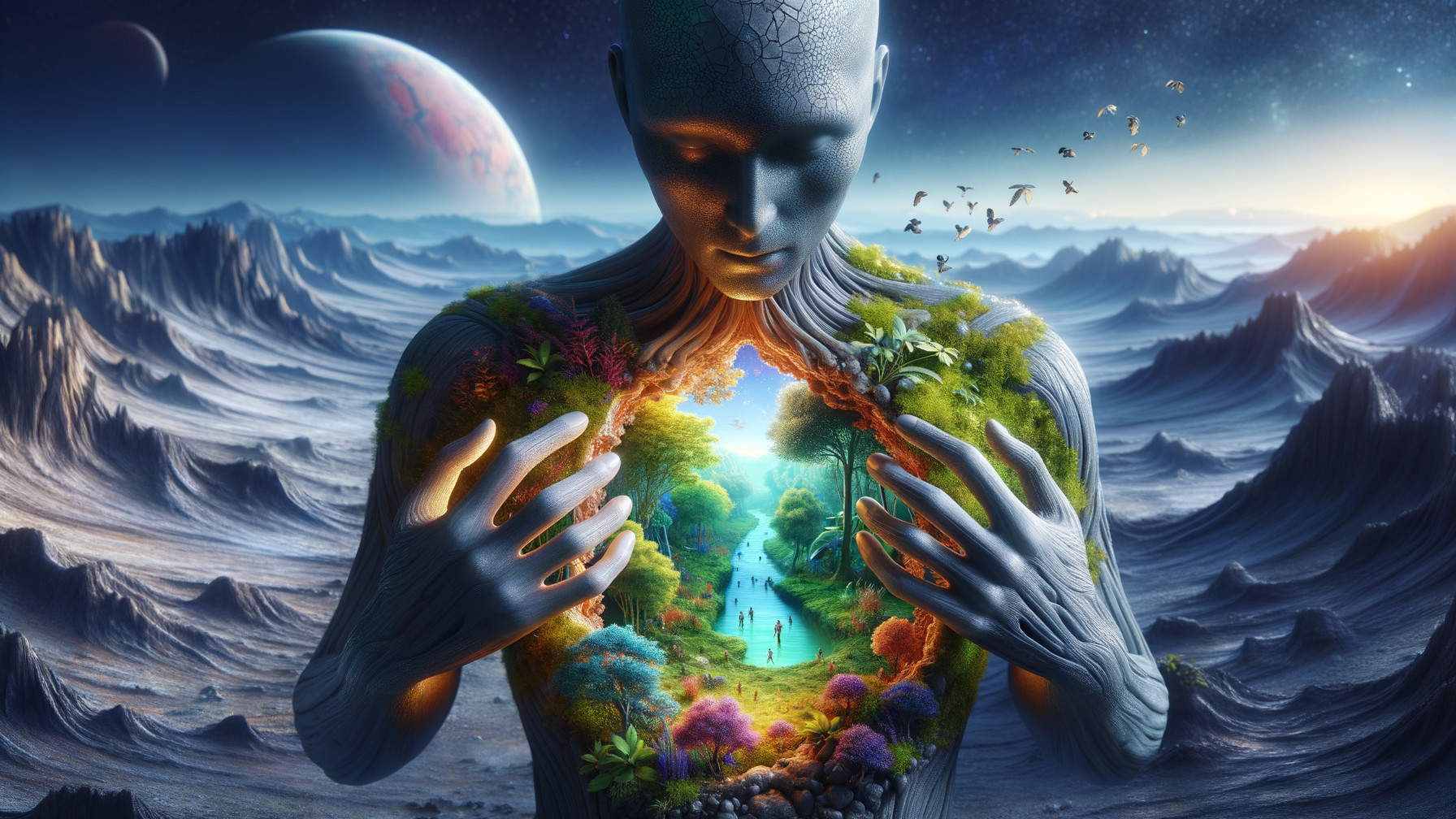 Surreal Landscape with Humanoid Figure and Vibrant Nature