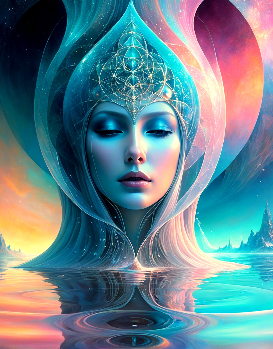 Ethereal Woman in Cosmic Colors and Reflections