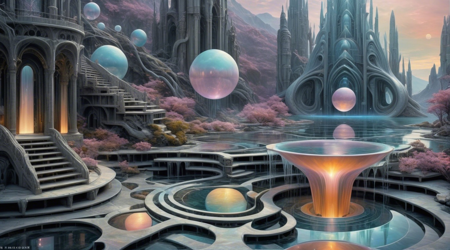 Fantastical Landscape with Ethereal Structures and Towers