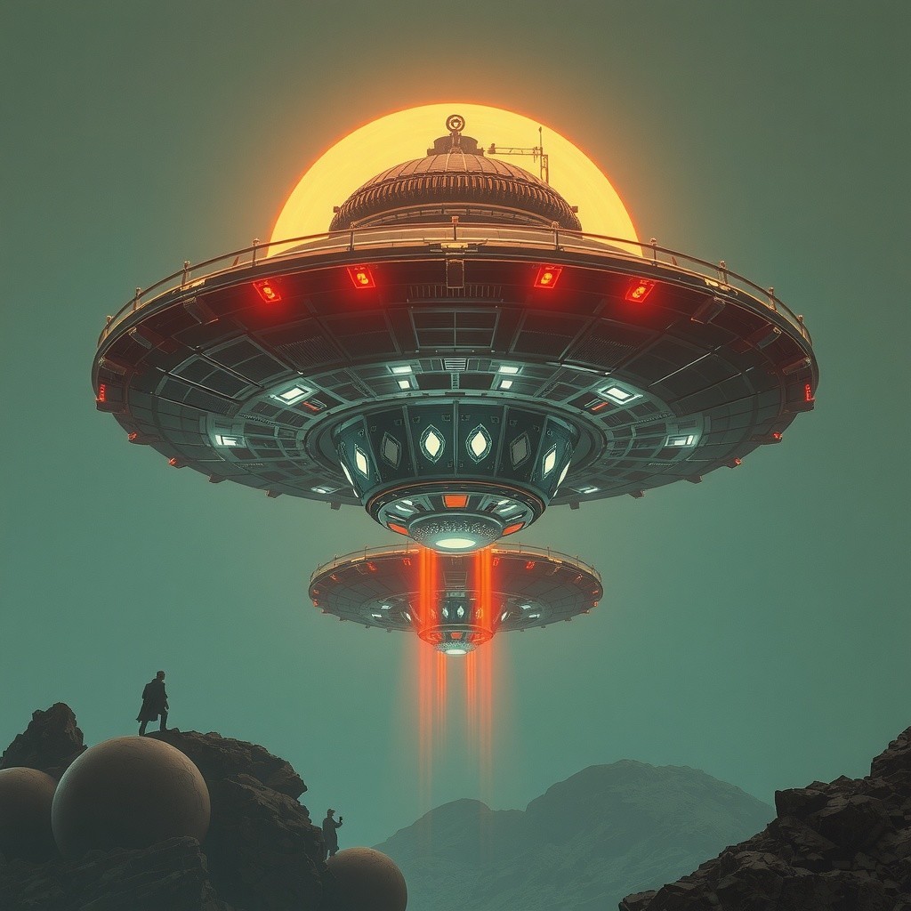 Futuristic UFOs Hovering Over Rocky Landscape at Sunrise