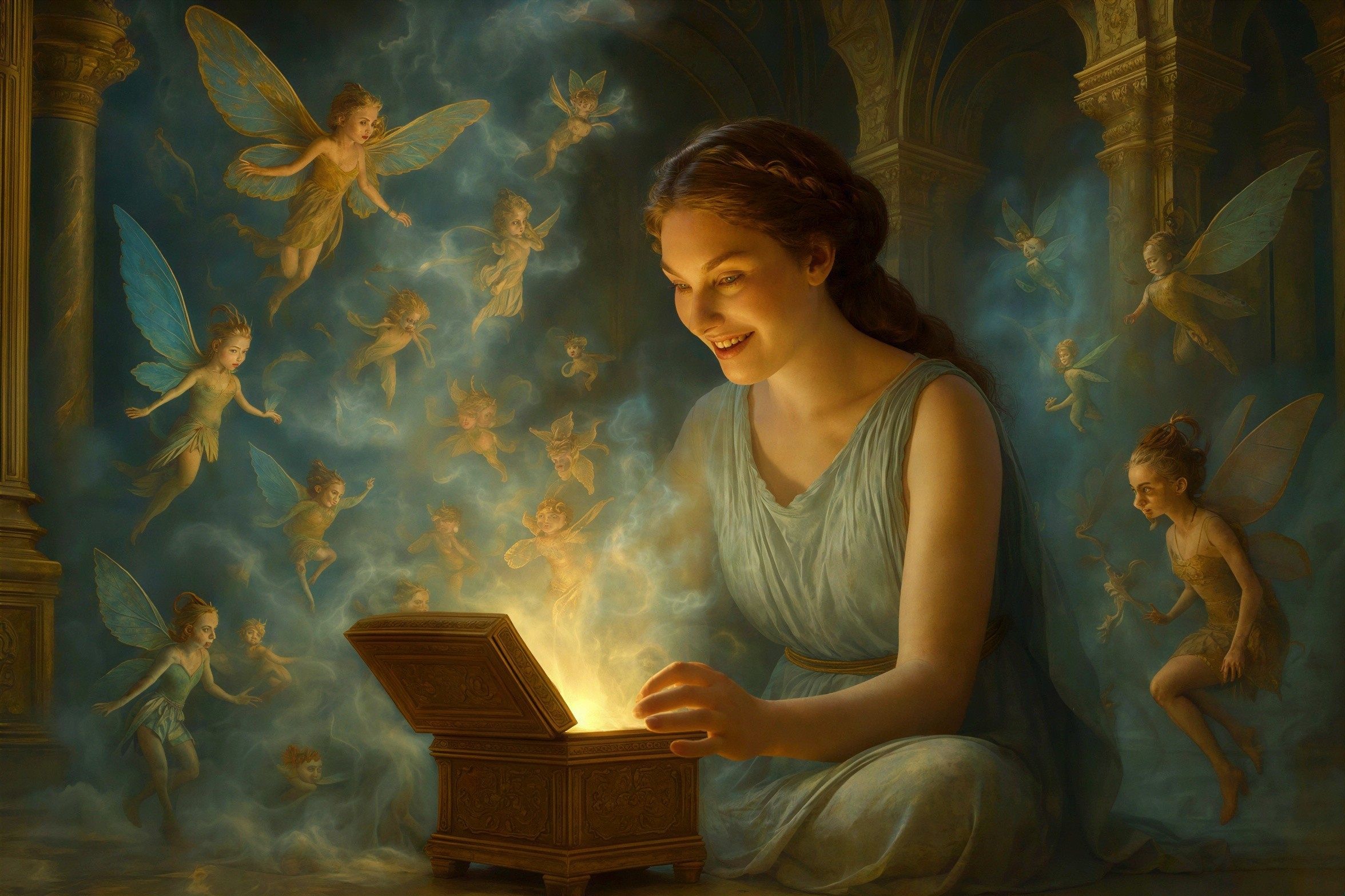 Dreamy Fantasy Art of Woman with Fairies and Light