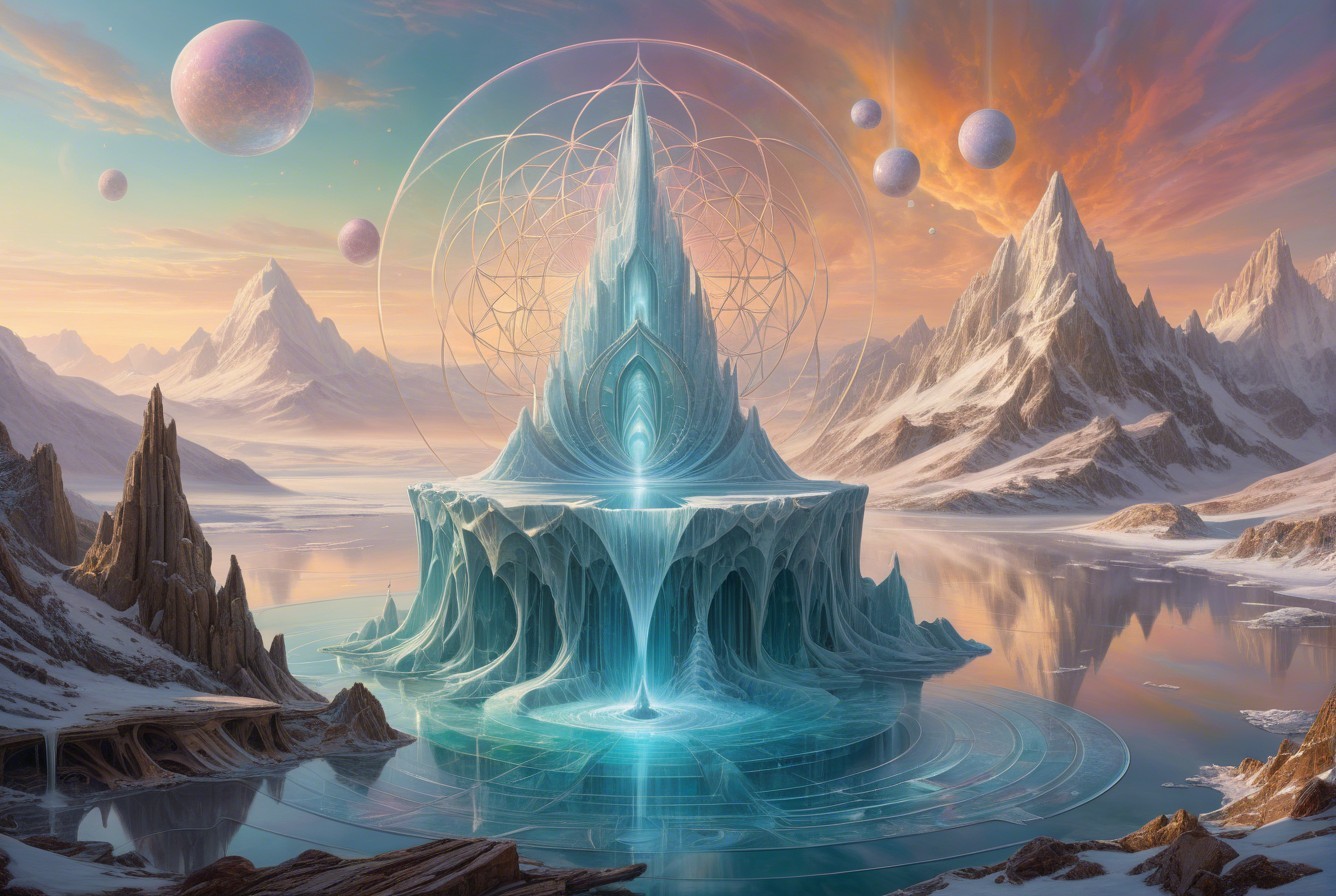 Alien Landscape with Icy Spire and Vibrant Sunset