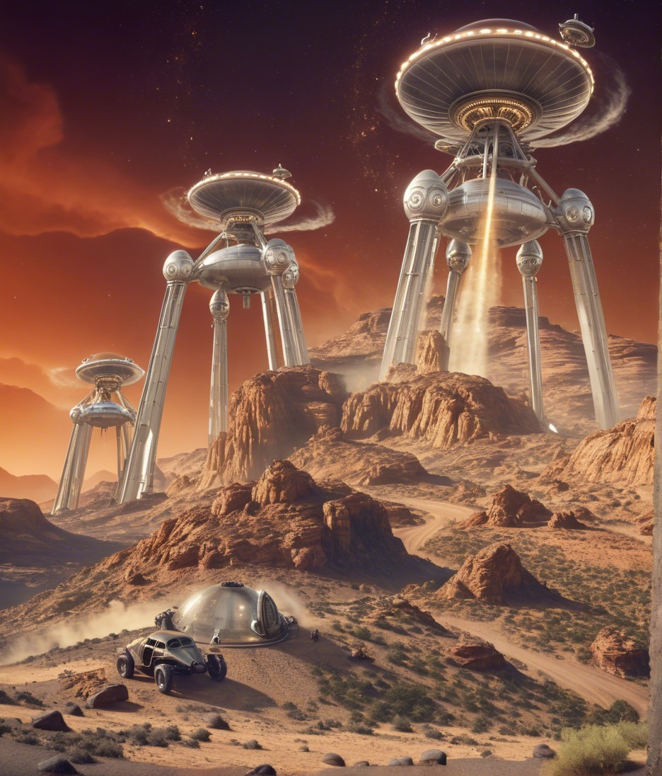 Alien Landscape with Silver Spacecraft and Red Rocks