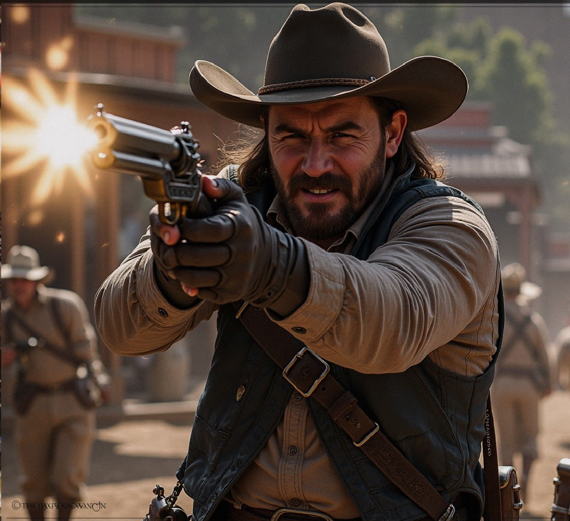 Cowboy Aiming Revolver in Classic Western Showdown