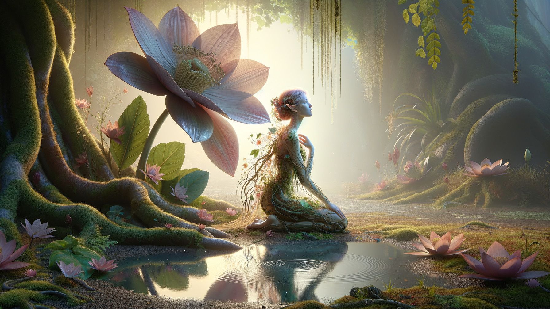 Nature Spirit by Tranquil Pond with Lotus Flower