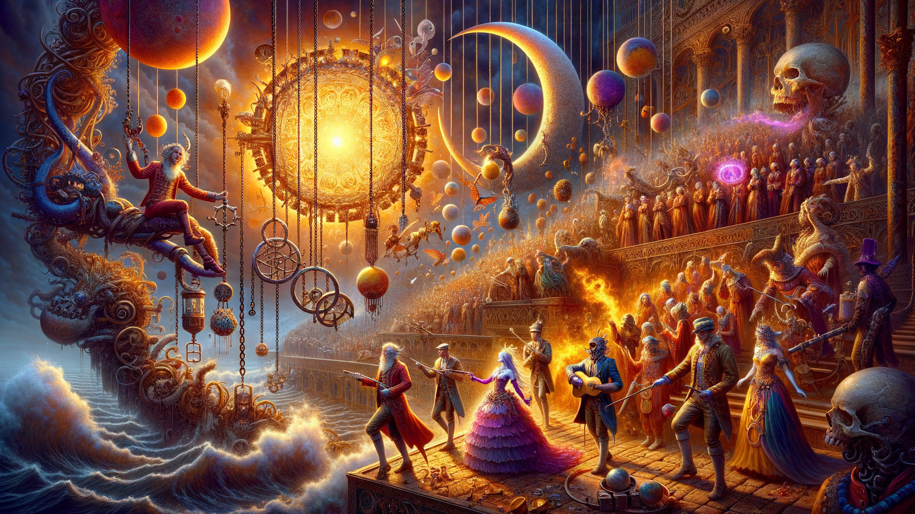Steampunk and Surrealism in a Cosmic Gathering Scene