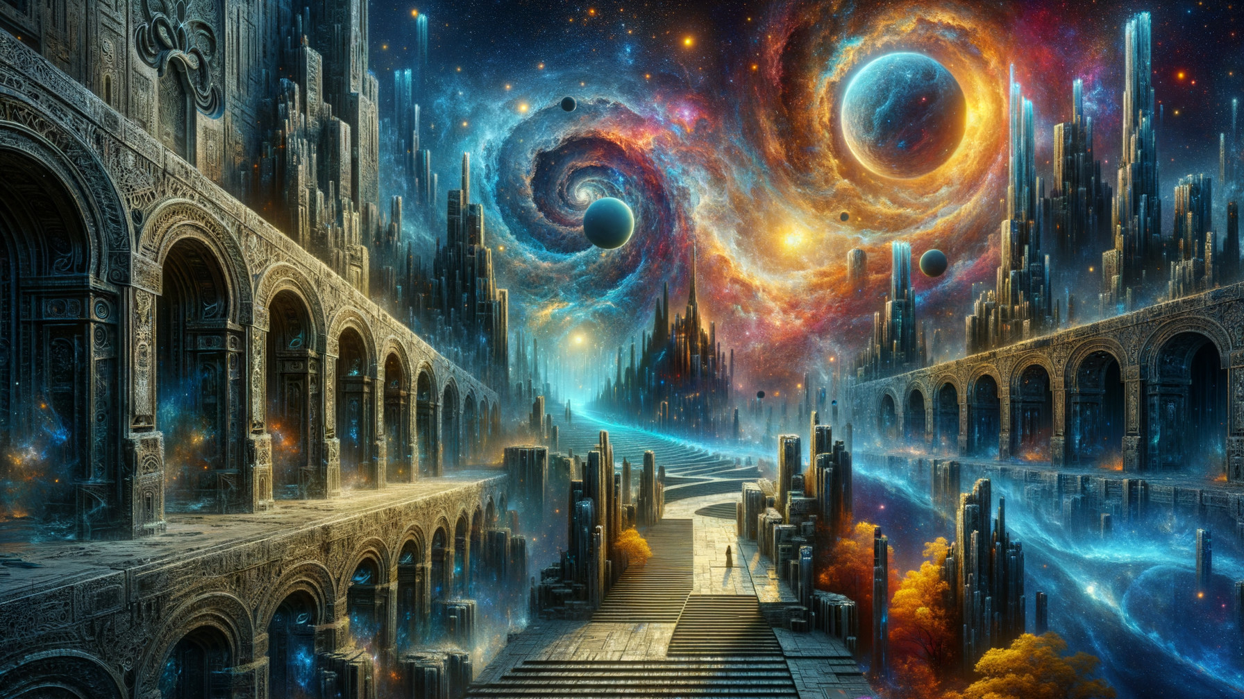 Cosmic Landscape with Stone Structures and Galaxies