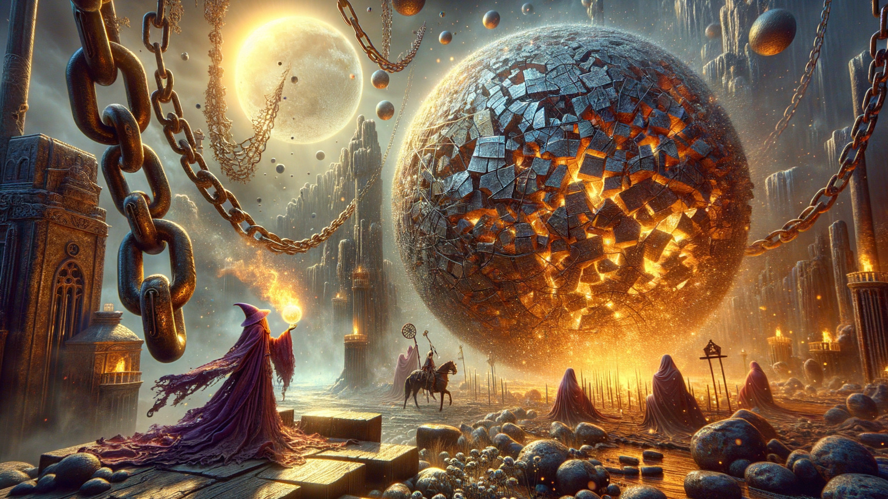 Mysterious landscape with glowing orbs and shadowy figures
