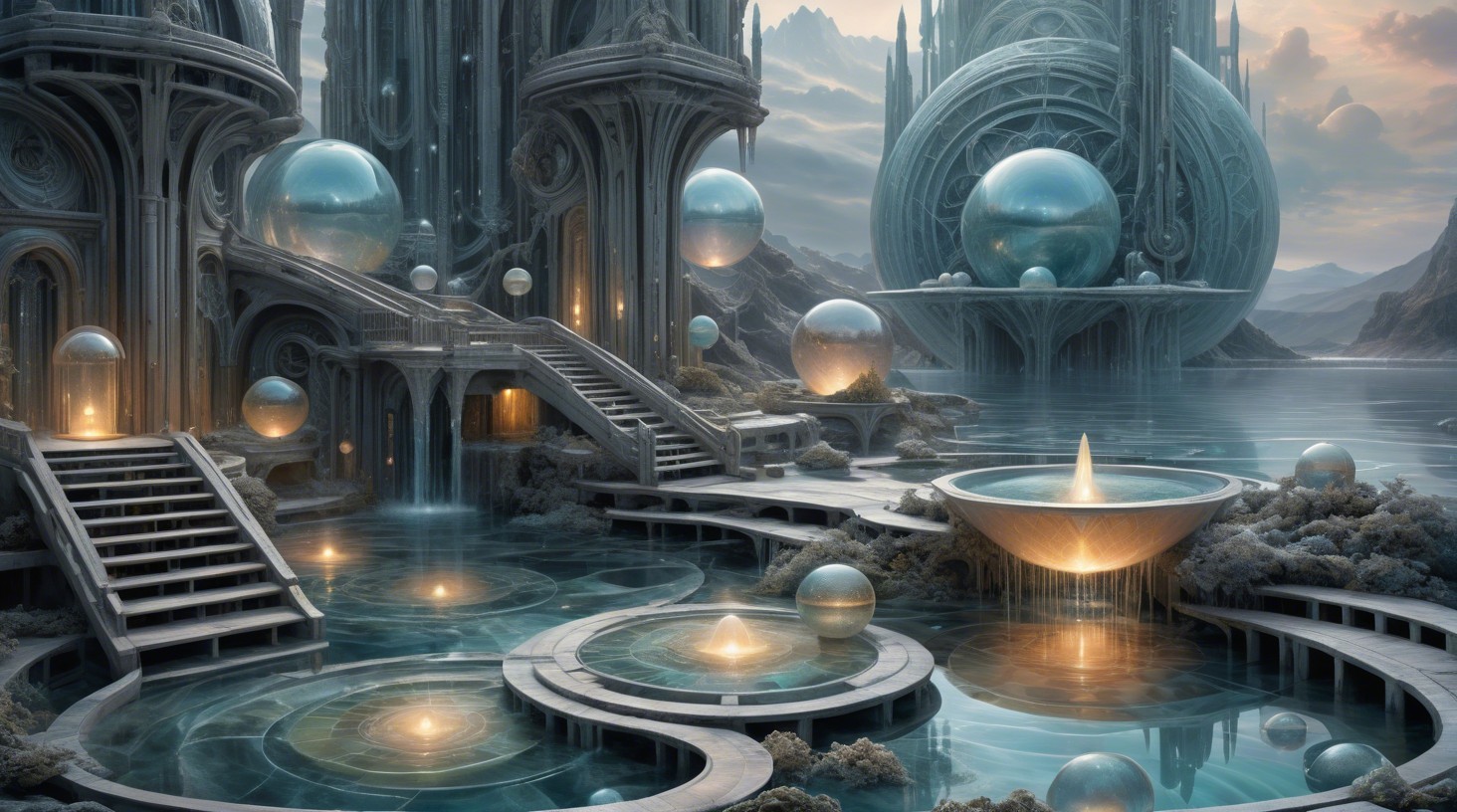Serene Otherworldly Landscape with Grand Architecture