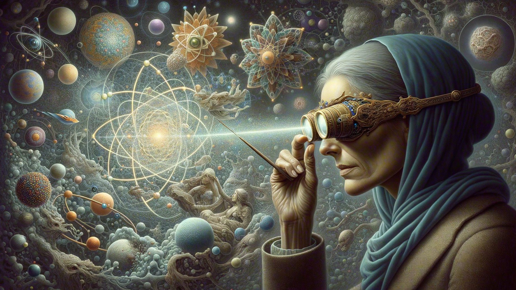 Elderly Woman Gazing at Glowing Atom in Cosmos