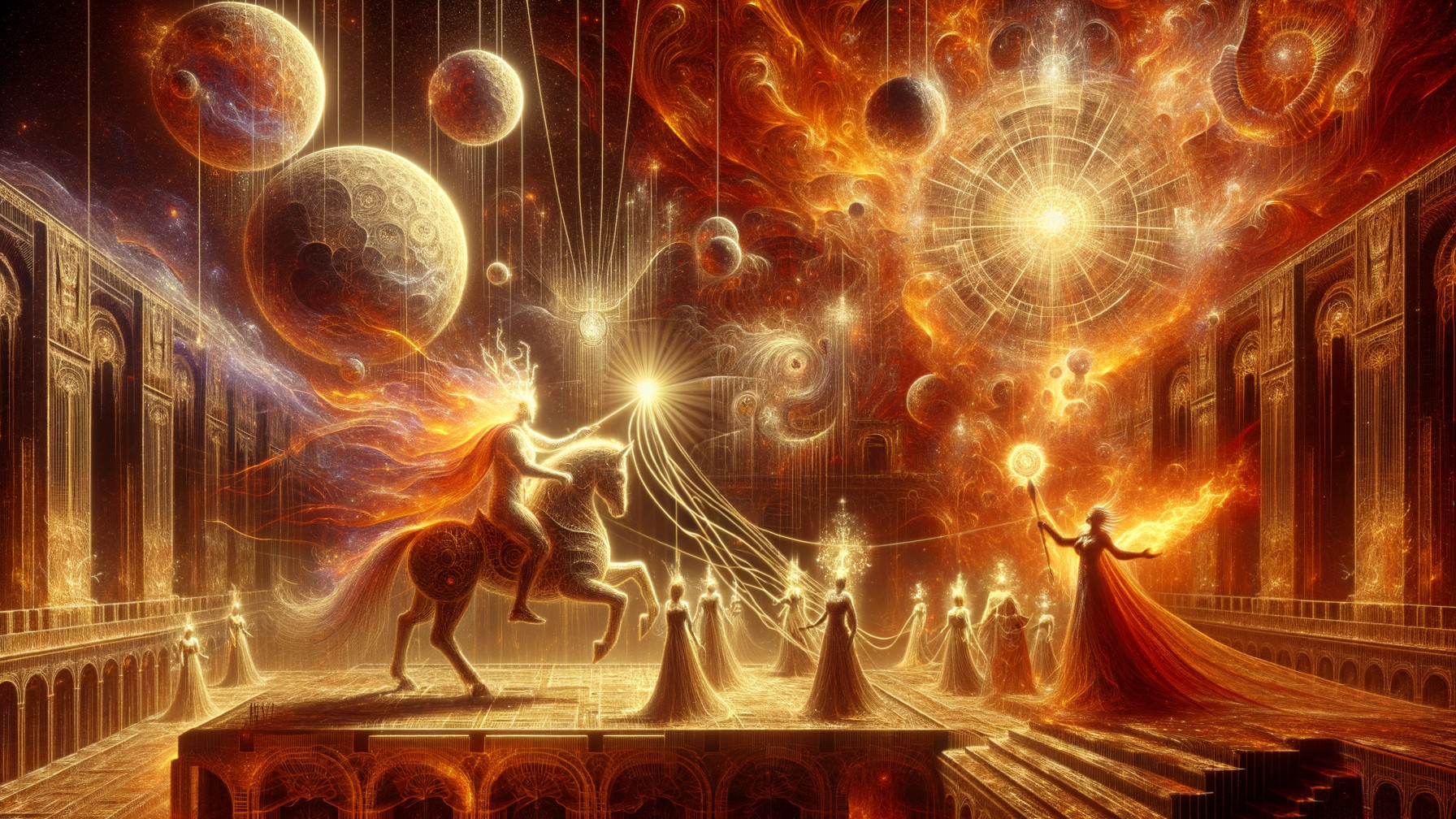 Cosmic Scene in a Grand Hall with Ethereal Beings