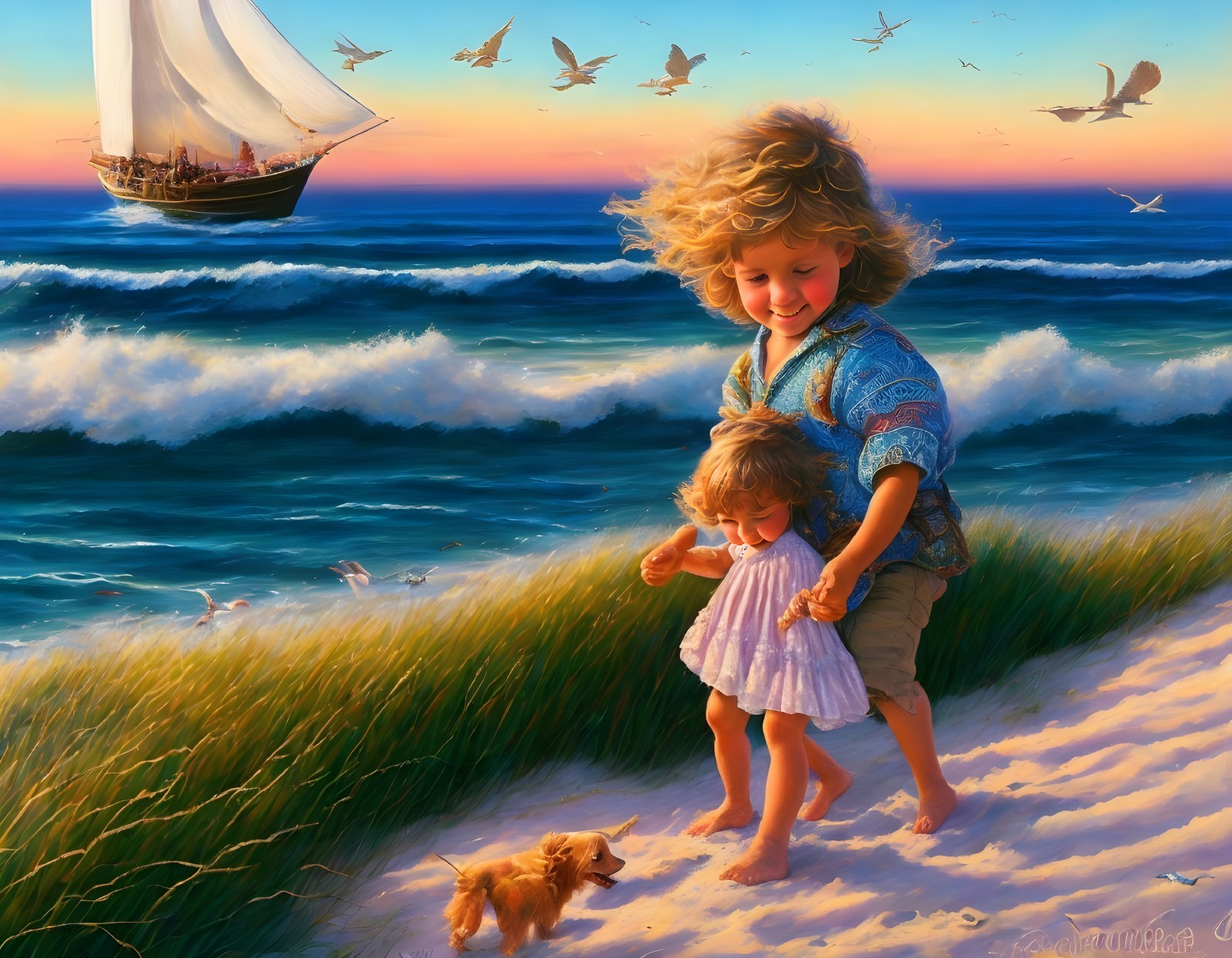 Children Playing on Sandy Beach with Puppy and Waves