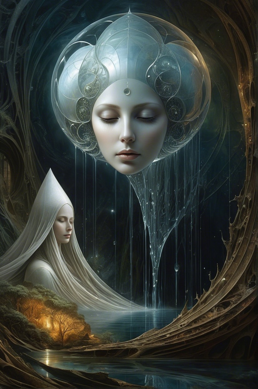 Surreal Scene with Stylized Faces in Mystical Landscape