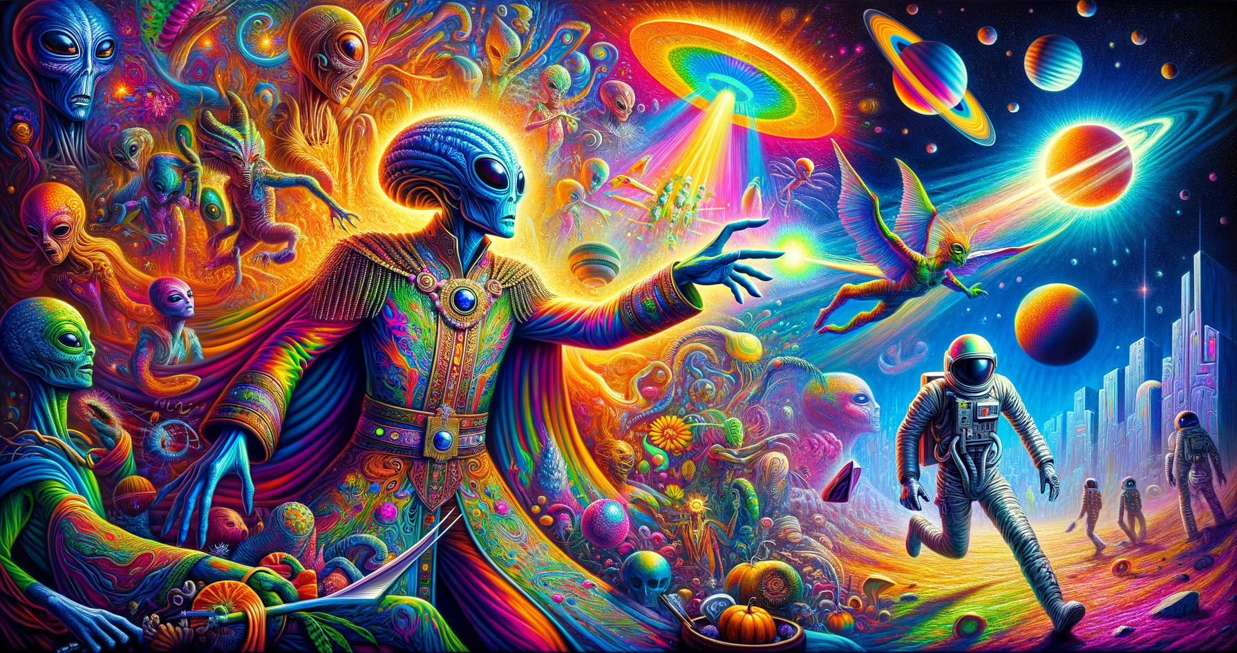 Vibrant Surreal Cosmic Scene with Aliens and Planets