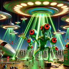 Flying saucers and alien encounter in barren landscape