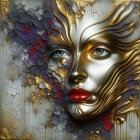 Ethereal Figure with Golden Patterns and Geometric Shapes