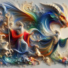 Majestic figure with dragon in a fantastical landscape