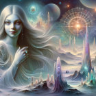 Mystical figure with red hair in serene pond setting