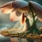 Mystical Nature Scene with Illuminated Lotus Flower