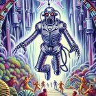 Retro-Futuristic Scene with Humanoid Robot and Figures