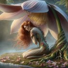 Red-haired female elf in a white gown by water