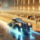 Vintage Car with Blue Trail in Ancient Cityscape