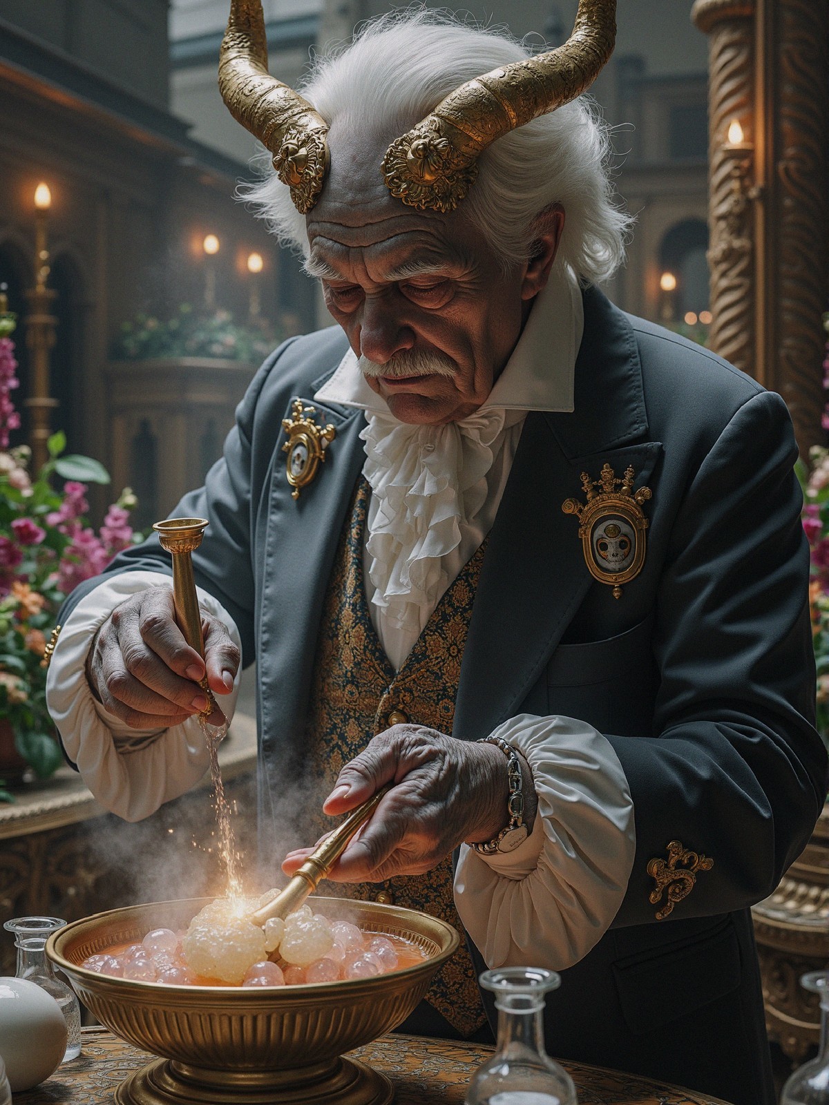 Regal figure prepares magical concoction in opulent setting