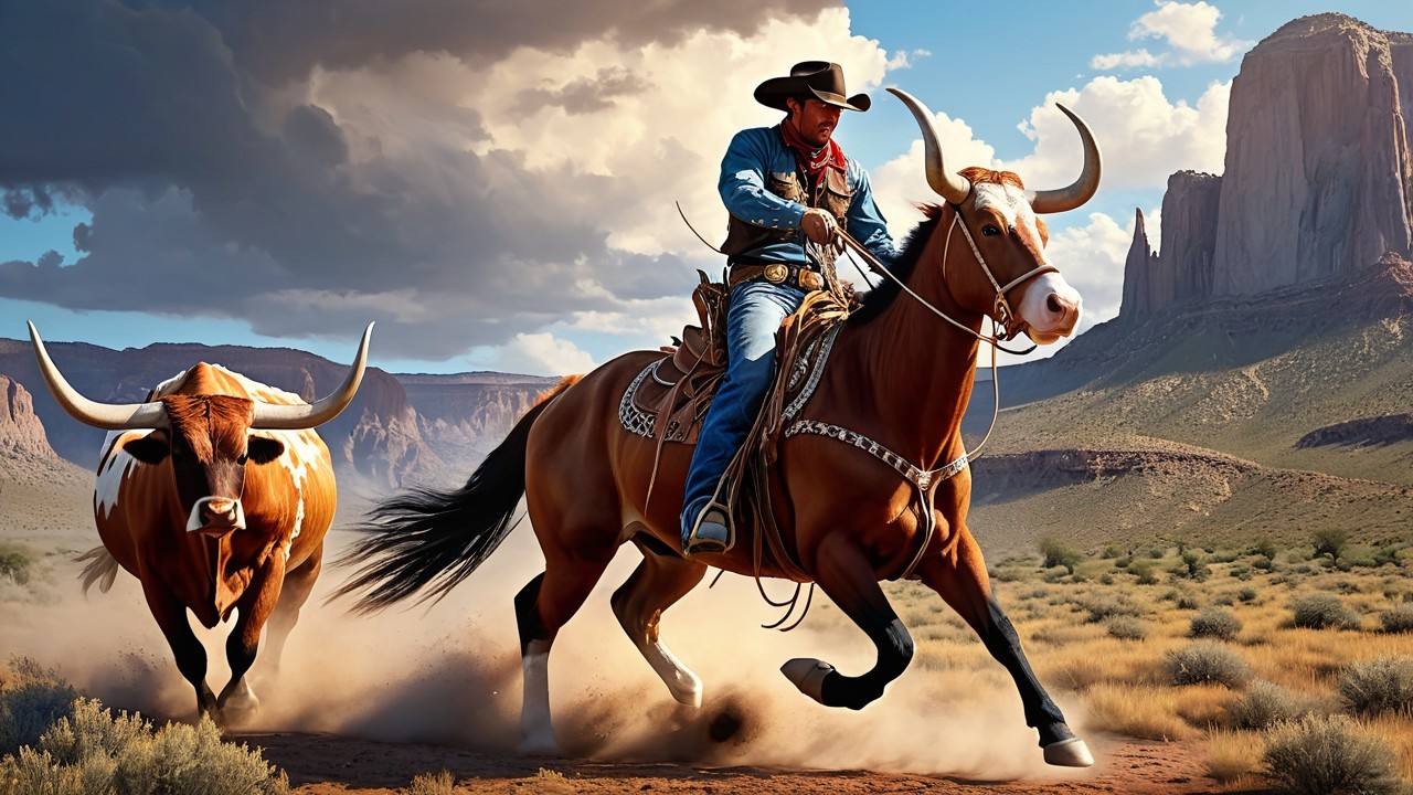 Cowboy Riding Horse with Longhorn in Dusty Landscape