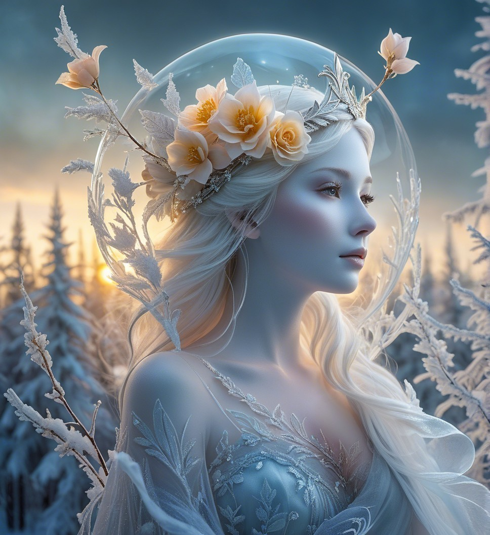 Ethereal figure in snowy landscape with delicate flowers