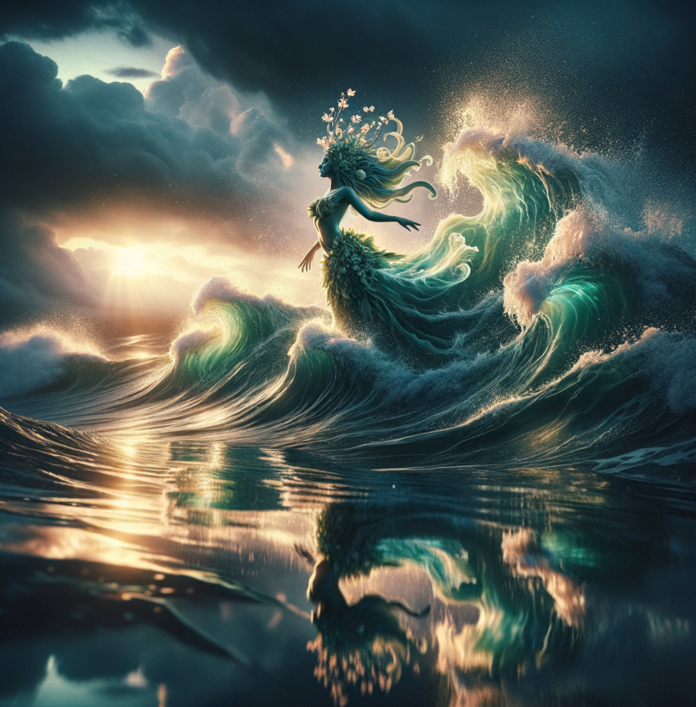 Mystical Sea Goddess Emerges from Waves at Sunset