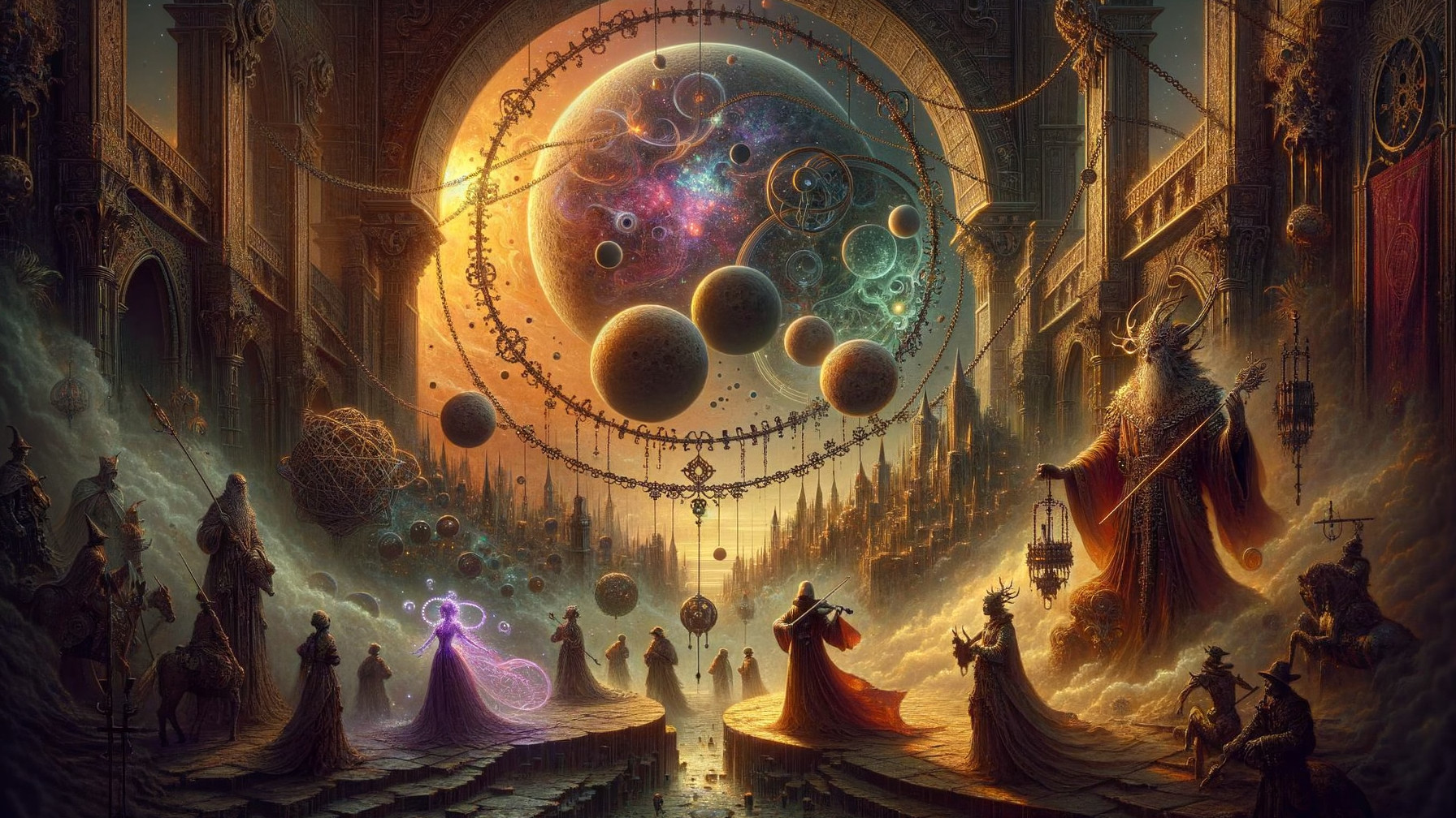 Grand Cosmic Scene with Ethereal Figures and Structures